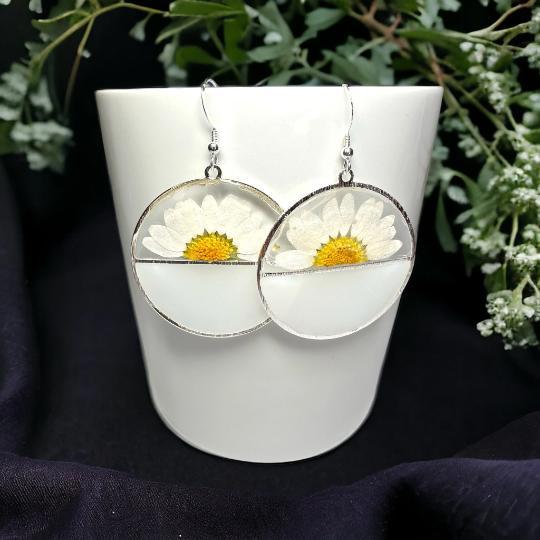 Daisy dried flower bezel set resin earrings, sterling silver earrings
