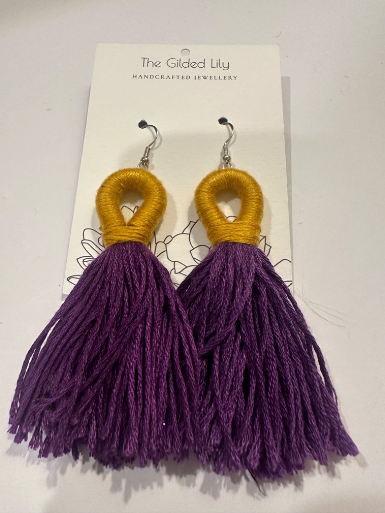 Gold and purple loop tassel earrings