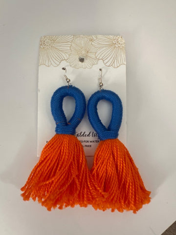 Blue and orange tassel earrings