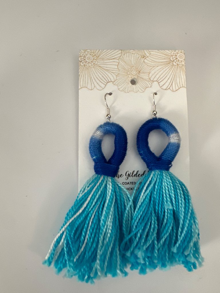 Dark blue light blue tie dye tassel earrings