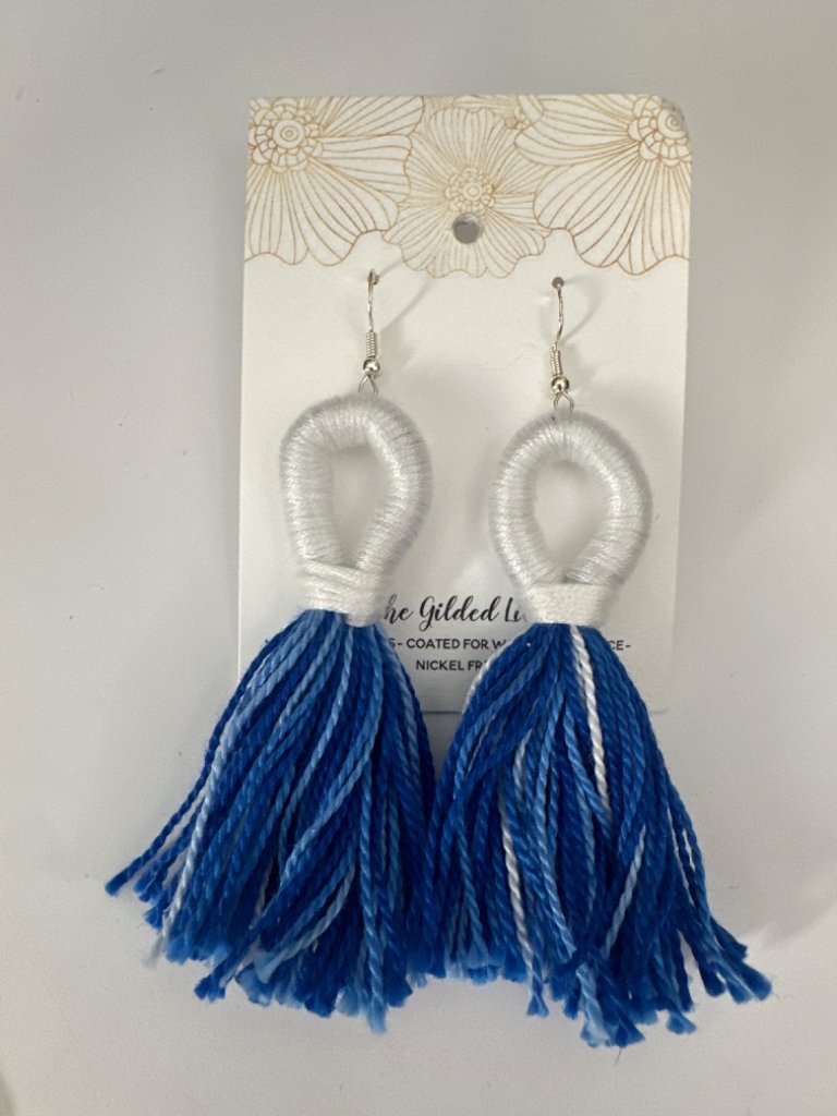 White and blue tie dye tassel earrings