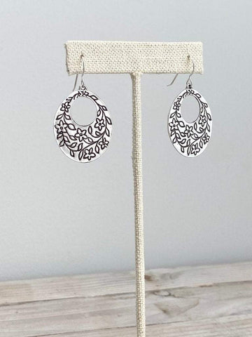 Silver Embossed Floral Vine Open Oval Earrings