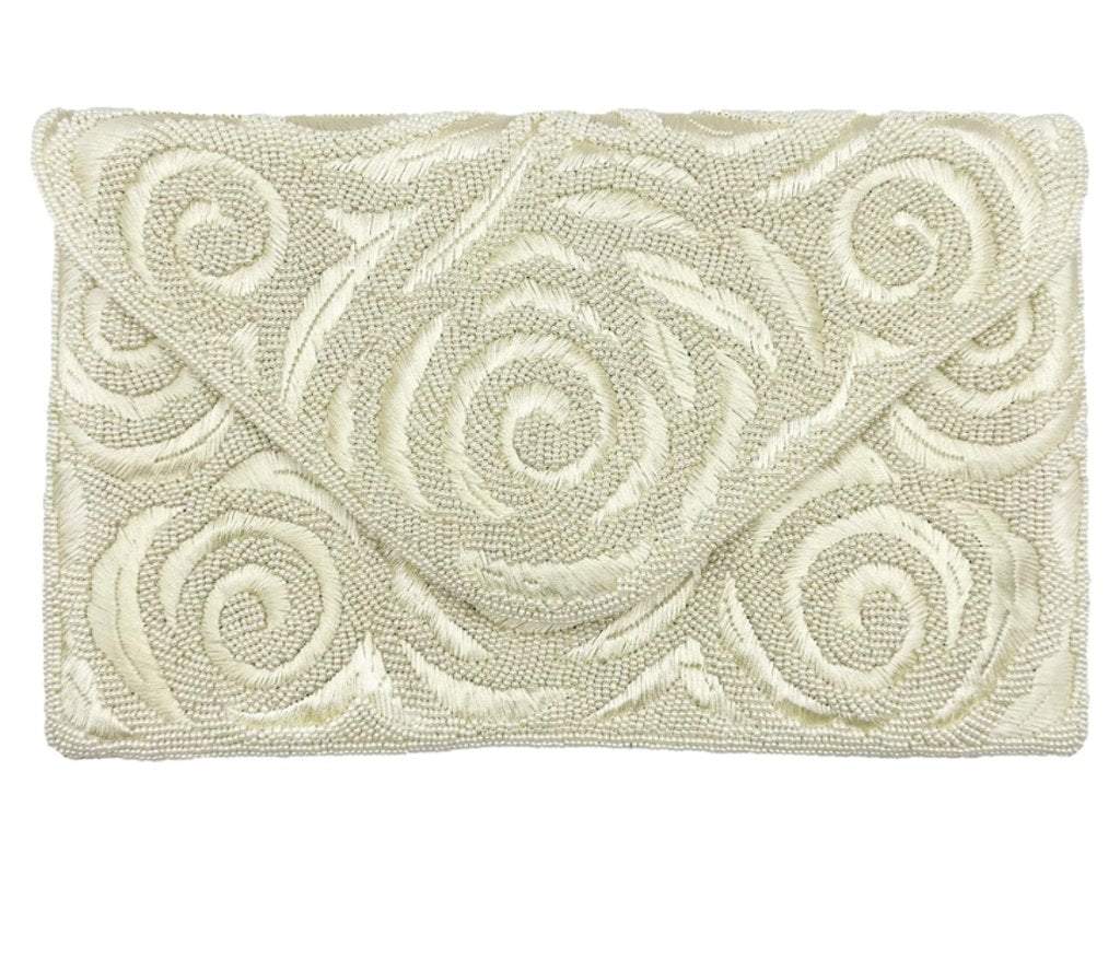 Cream Roses Crossbody Clutch Beaded With Silk Embroidery