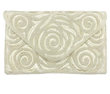 Cream Roses Crossbody Clutch Beaded With Silk Embroidery