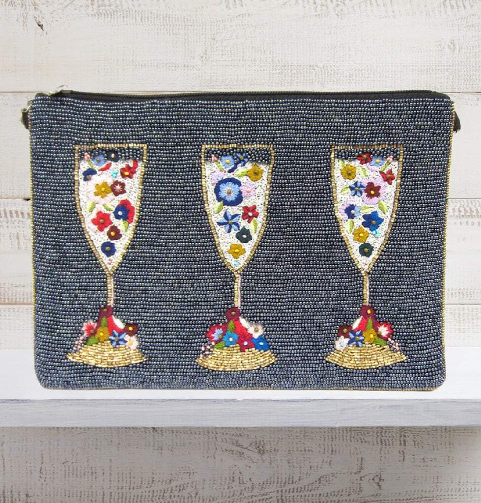 Beaded Champagne Zip Top Clutch