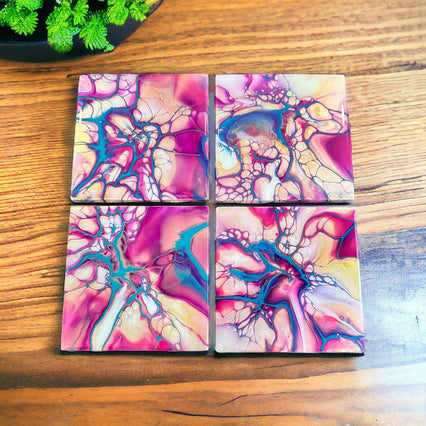 Custom Fluid Art Coaster Set - Set of 4 with Display Stand