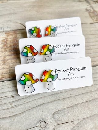 Pocket Penguin Earrings Rainbow Mushrooms