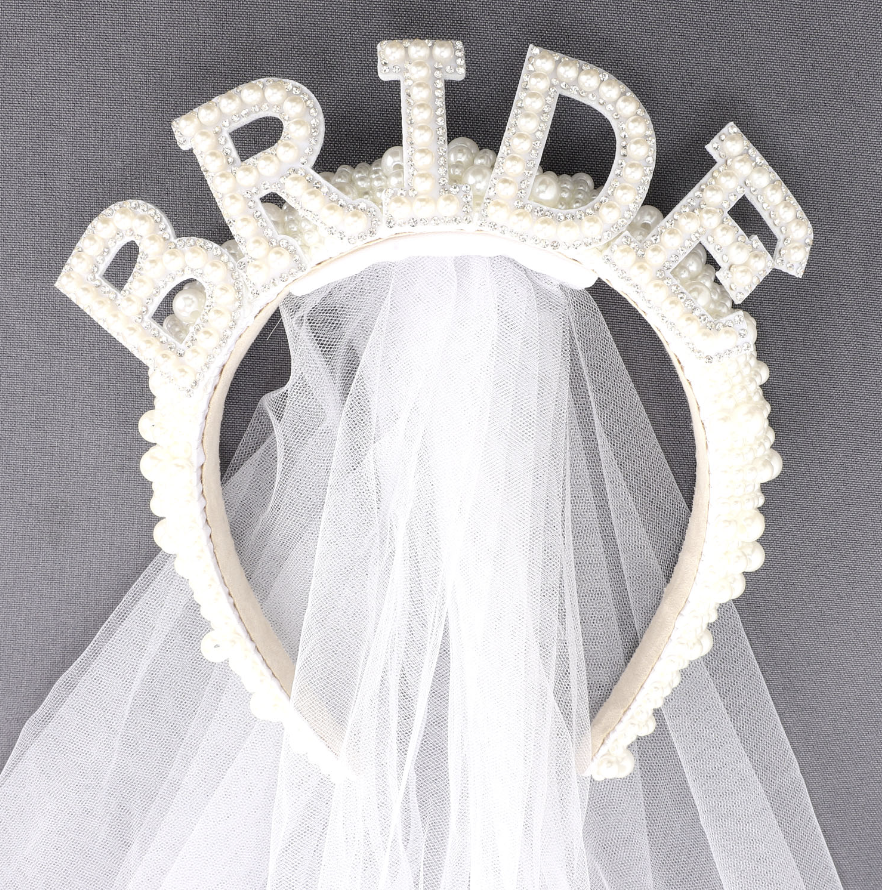 Bride Lettering Pearl Headband with Veil