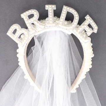 Bride Lettering Pearl Headband with Veil