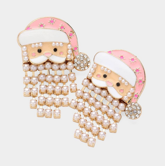 Pearl Fringe Beard Enamel Santa Earrings