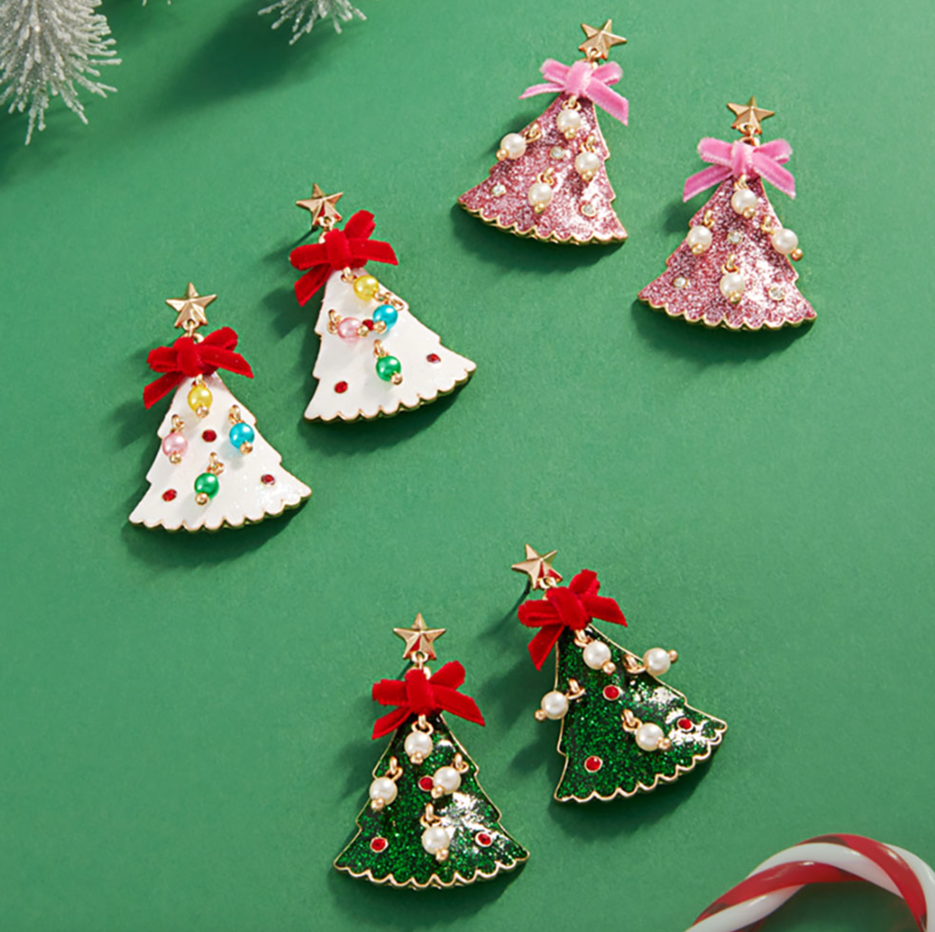 Glittered Enamel Christmas Tree Dangle Earrings