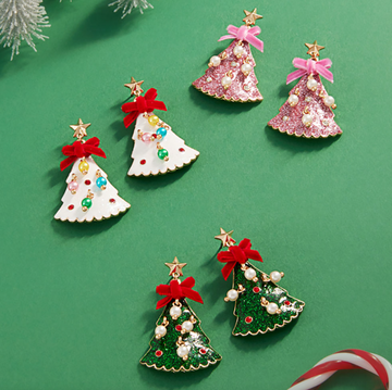 Glittered Enamel Christmas Tree Dangle Earrings