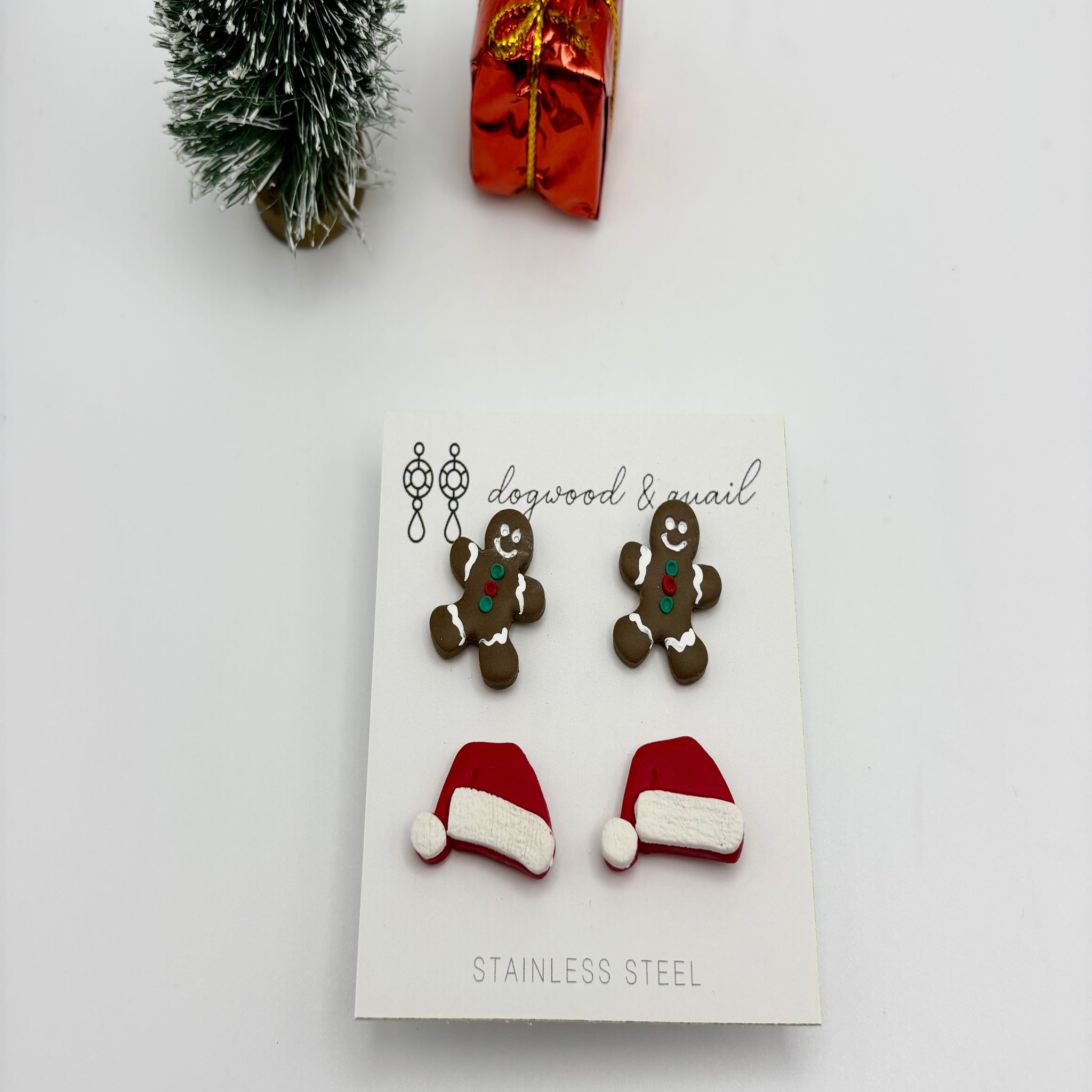 Christmas Polymer Clay Studs - Santa Hat & Gingerbread Man