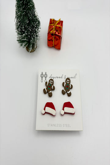 Christmas Polymer Clay Studs - Santa Hat & Gingerbread Man