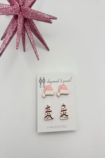 Christmas Polymer Clay Studs - Pink Hat & Little Debbie