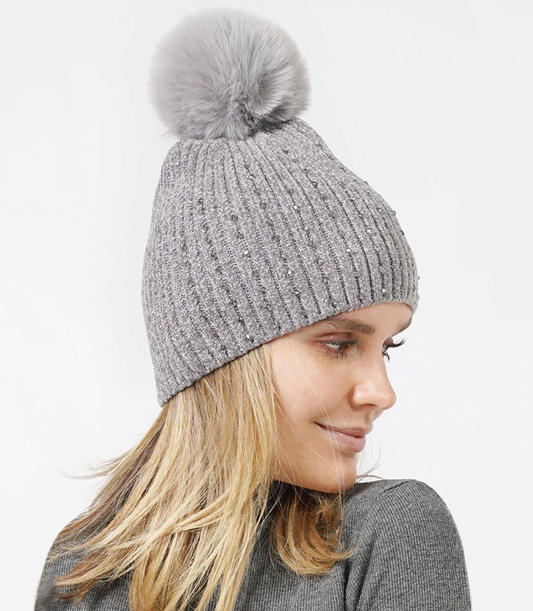 Bejeweled Chenille Pom Pom Beanie Hat