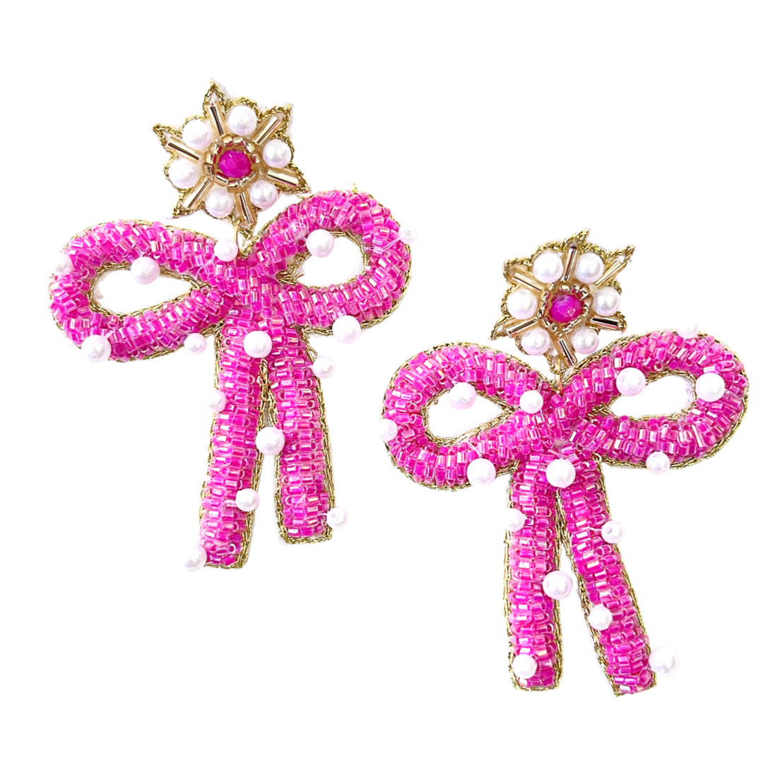 Pink Bow Seed Bead Earrings