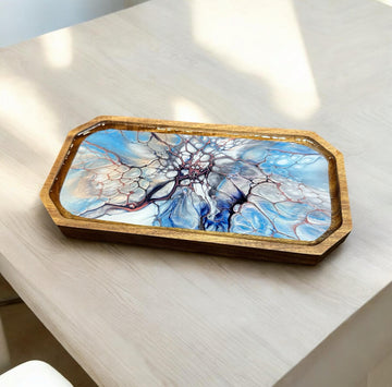 Rustic Acacia Wood Serving Tray, Fluid Art Design, Clear Food Safe Resin