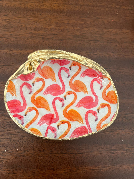 Clam Shell Trinket Tray-  Flamingo Pattern