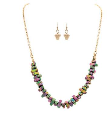 Gold Peacock Nugget Bead Row Necklace Set