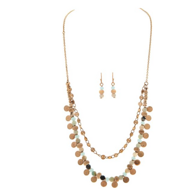 Gold Green Bead Layer Charm Necklace Set