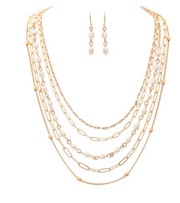 Gold Multiple Strand Chain Pearl Necklace Set