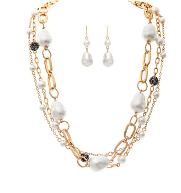 Gold White Faux Pearl Baubles Necklace Set